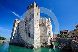 Medieval castle Scaliger in old town Sirmione on lake Lago di Garda, northern Italy