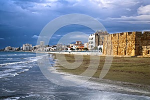 Medieval castle, sea shore and embankment in Larnaca, Cyprus