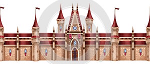 Medieval castle seamless border, magic fantasy fortress, vector stone palace game illustration.