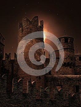 Medieval castle shines from the moonlight revives the life of ancient populations