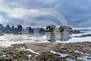 Medieval castle on the shore of an atlantic ocean beach in Galicia, Spain. With access bridge and very low tide.