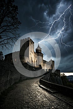 Dark Castle. Disturbing landscape with medieval castle at night with stormy sky photo