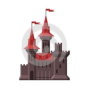 Medieval Castle, Stone Fortress with Red Flags, Ancient Fortified Palace Exterior Vector Illustration