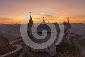 Medieval castle or stronghold silhouette and beautiful sunset