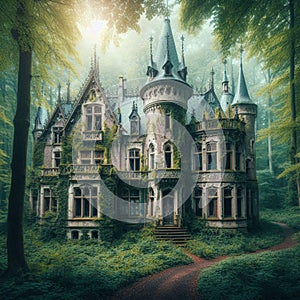 Gorgeous abandoned medieval mansion in a fairytale forest. photo