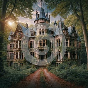 Gorgeous abandoned medieval mansion in a fairytale forest. photo