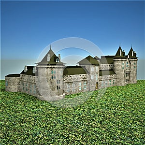MEDIEVAL CASTLE WITH TOWERS ON THE FIELD
