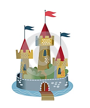 Medieval castle with towers. Middle Ages fantasy kingdom vector illustration. Royal palace with flags, surrounded by