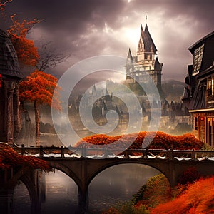 Medieval castle and town in autumn