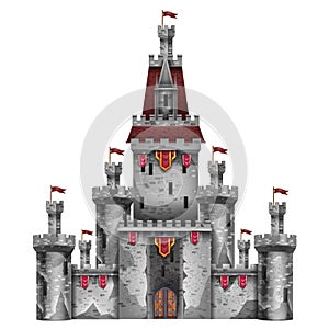 Medieval castle, vector stone palace game illustration, magic fantasy fortress isolated on white.