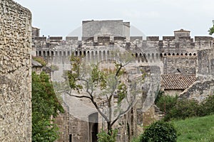 Medieval castle walls of Fort Saint-Andre in town of Villeneuve les Avignon (Languedoc-Roussillon, France)