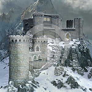 Medieval castle in a winter scenery photo