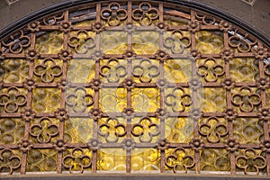 Medieval castle yellow glass door detail