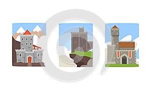 Medieval Castles Collection, Ancient Buildings on Summer Nature Landscape Vector Illustration