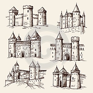 Medieval castles. Drawing ancient building towers gothic architectural objects old castles recent vector illustrations