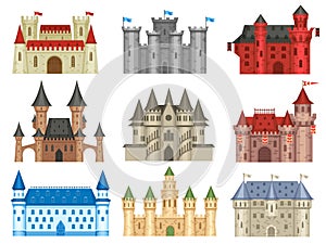 Medieval castles. Gothic palace, ancient king house and old kingdom castle tower vector set