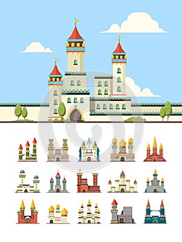 Medieval castles. Old palazzo building hill towers vector flat illustration