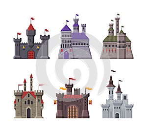 Medieval castles set. Fairytale palace, mansion, stone fortress castle, fortified palace with gates cartoon vector