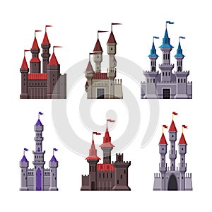 Medieval castles set. Fairytale palaces, mansions, stone fortress castle cartoon vector illustration