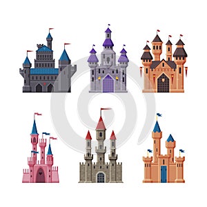 Medieval castles with towers set. Stone fairytale palace, fortress castle, fortified palace with gate cartoon vector