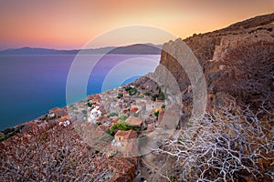 The medieval `castletown` of Monemvasia, often called `The Greek Gibraltar`, Lakonia, Peloponnese.