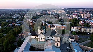 Medieval Catholic ancient castle-fortress in Berdichiv city, Ukraine. Monastery of the Barefoot Carmelites. Aerial