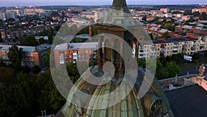 Medieval Catholic ancient castle-fortress in Berdichiv city, Ukraine. Monastery of the Barefoot Carmelites. Aerial