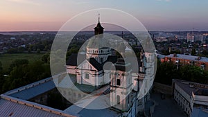 Medieval Catholic ancient castle-fortress in Berdichiv city, Ukraine. Monastery of the Barefoot Carmelites. Aerial