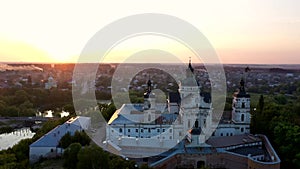 Medieval Catholic ancient castle-fortress in Berdichiv city, Ukraine. Monastery of the Barefoot Carmelites. Aerial