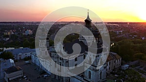 Medieval Catholic ancient castle-fortress in Berdichiv city, Ukraine. Monastery of the Barefoot Carmelites. Aerial