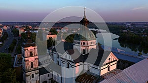 Medieval Catholic ancient castle-fortress in Berdichiv city, Ukraine. Monastery of the Barefoot Carmelites. Aerial