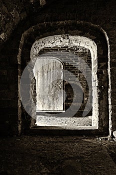 Medieval cellar with wooden door and brick walls
