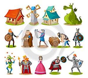 Medieval characters and buildings collection. Cartoon knights, princess, king, dragon, buildings etc. Vector fairy tale objects