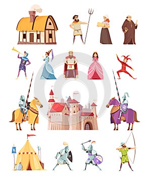 Medieval Characters Buildings Icons Set