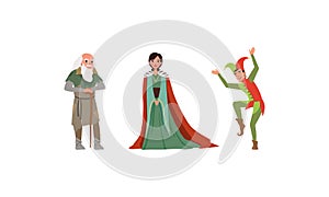 Medieval Characters Dressed Ancient Clothes Set, Majestic Queen, Old Poor Man, Jester Vector Illustration