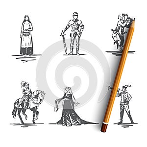 Medieval characters - knight, troubadour, buffon, peasant woman and countess vector concept set