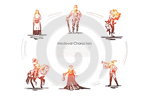 Medieval characters - knight, troubadour, buffon, peasant woman and countess vector concept set photo