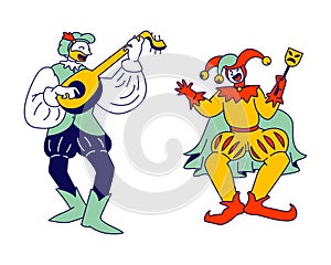 Medieval Characters Minstrel and Buffoon Isolated on White Background. Funny Carnival Show or Fairy Tale Personages