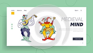 Medieval Characters Minstrel and Buffoon Website Landing Page. Funny Carnival Show or Fairy Tale Personages