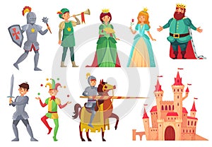 Medieval characters. Royal knight with lance on horseback, princess, kingdom king and queen isolated vector character photo