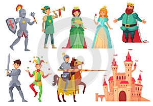 Medieval characters. Royal knight with lance on horseback, princess, kingdom king and queen isolated vector character