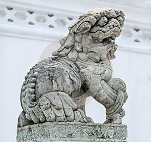 Medieval chinese guardian foo dog granite statue.