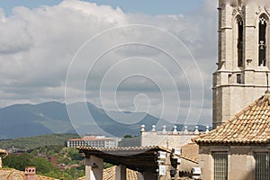 Medieval church in european old town photo