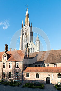 Medieval Church of Our Lady in Bruges in sunny day, Belgium