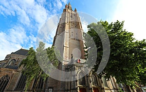 Medieval Church of Our Lady in Bruges in sunny day, Belgium