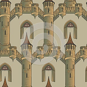 Medieval city architecture. Seamless pattern in a style of a medieval tapestry or illuminated manuscript.
