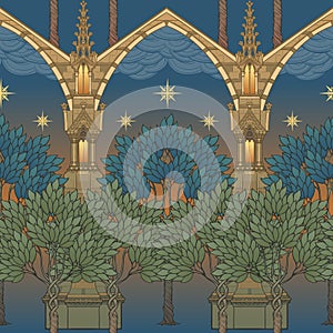 Medieval city architecture. Seamless pattern in a style of a medieval tapestry or illuminated manuscript.