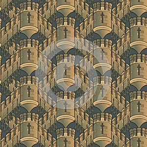 Medieval city architecture. Seamless pattern in a style of a medieval tapestry or illuminated manuscript.