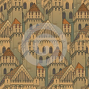 Medieval city architecture. Seamless pattern in a style of a medieval tapestry or illuminated manuscript. photo