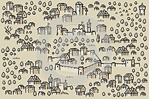 Medieval city fantasy map. Mountain river and village buildings. Middle Ages map for board game. Hand drawn vector.